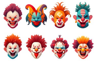 Beyaz arka planda izole edilmiş tüyler ürpertici palyaço yüzlerinin vektör çizimi.