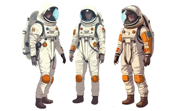 Set Vektor Illustration Rymdman Kosmonaut Kostym Isolerad Vit Bakgrund — Stock vektor
