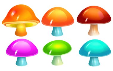 Evet, beyaz arkaplanda izole edilmiş renkli mantarların vektör illüstrasyonunu ayarla.