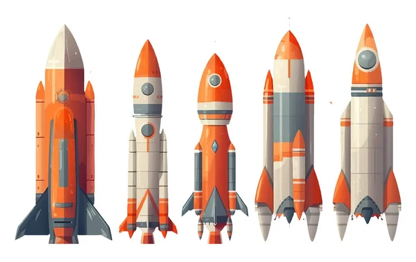 Set Vektor Illustration Des Raketenstarts Fliegen Isoliert Auf Weißem Hintergrund — Stockvektor