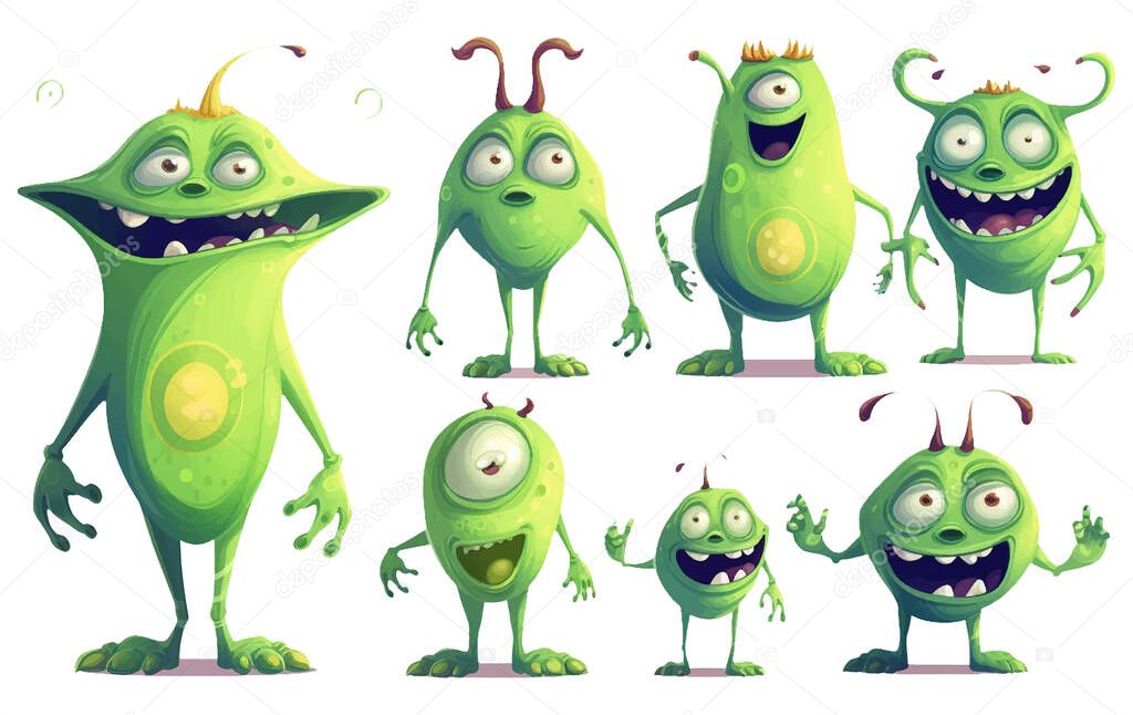 Ui set vector illustration of amazed green alien or bacteria isolated on white background.