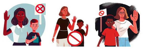 妇女和儿童抗议基于白人背景孤立的暴力行为的图例 — 图库矢量图片