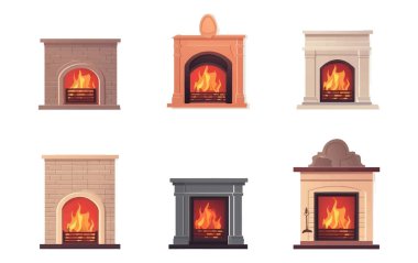 Ateş mevsimsel ısıtma izolasyonlu şöminenin vektör illüstrasyonunu beyaza ayarla.