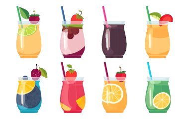 Taze meyvelerden yapılan tüp ile farklı bardaklardaki smoothie resimlerini ayır.