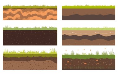 Toprak katmanlarının vektör illüstrasyonunu ayarla yeşil çimen, zemin beyaz üzerinde izole.