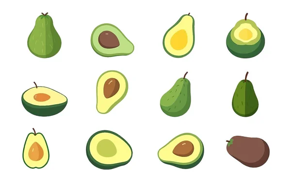 Set Vector Illustration Green Fresh Avocado Isolate White Background — Stock Vector
