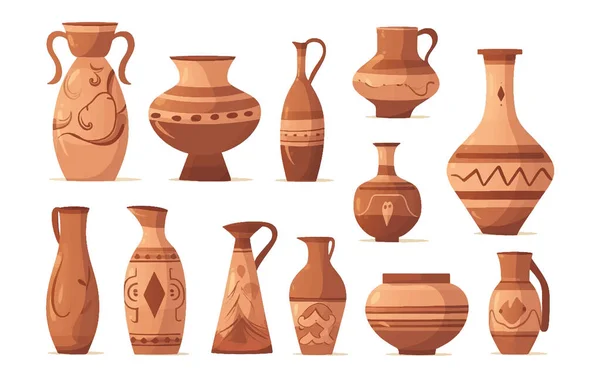 Set Vektorová Ilustrace Starověké Řecké Hnědé Vázy Vínem Nebo Olivovým — Stockový vektor