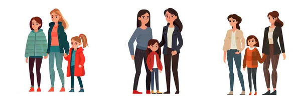 Set Illustrazione Vettoriale Due Donne Adottato Bambino Fare Isolato Famiglia — Vettoriale Stock