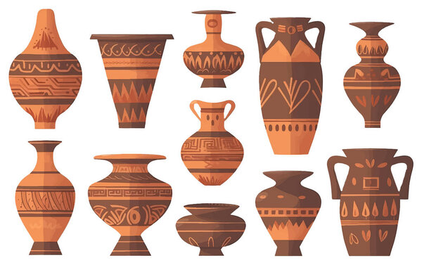 set vector illustration of ancient greek brown vase with wine or olive oil isolate on white.