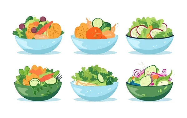 Set Vector Illustratie Van Salade Kom Met Smakelijke Vulling Isoleren — Stockvector