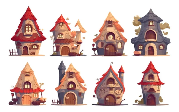Set Vektorové Ilustrace Pohádkové Fantasy Dům Roztomilou Střechou Pro Elf — Stockový vektor