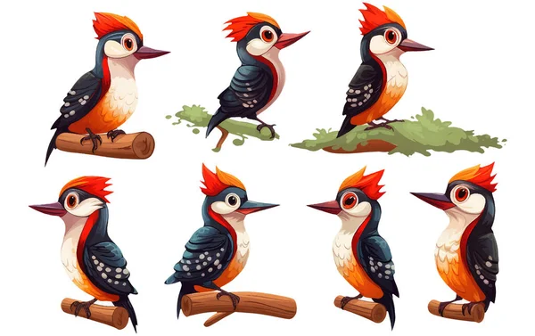 Set Vector Illustraton Woodpecker Bird Isolated White Background — Vetor de Stock