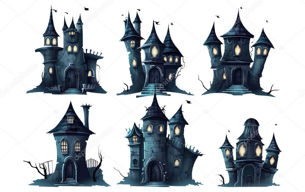Set vector illustration of magic castle halloween concept isolated on white background.