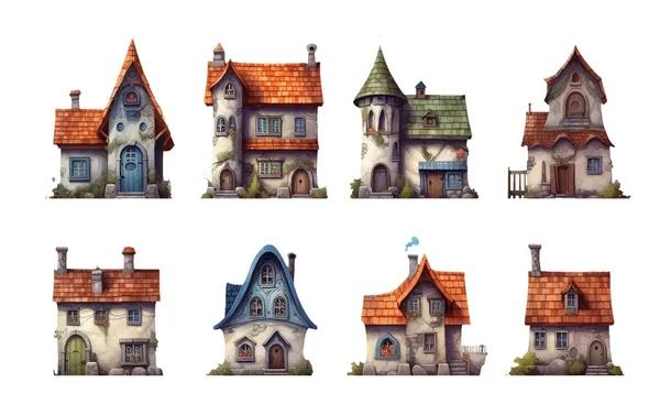 Set Vettoriale Illustrazione Carino Piccola Casa Scandinava Isolare Sfondo Bianco — Vettoriale Stock