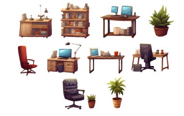 Evet, beyaz arka planda izole edilmiş ev işi ofis iç mobilyalarının çizimi.