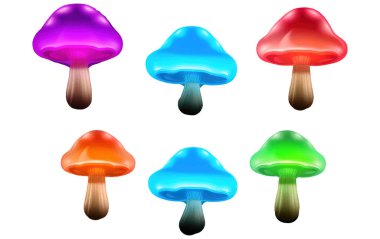 Evet, beyaz arkaplanda izole edilmiş renkli mantarların vektör illüstrasyonunu ayarla.