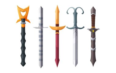 Evet, beyaz arka planda izole edilmiş bir şövalyenin kılıç dövüşü nesnelerinin vektör çizimi..