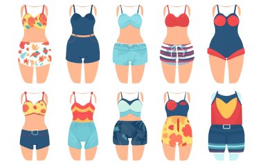 Evet, beyaz arka planda izole edilmiş renkli kadın plaj giyiminin vektör çizimi.