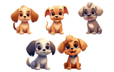 Evet, beyaz arka planda izole edilmiş farklı köpek türlerinin şirin köpek yavrularının vektör çizimi..