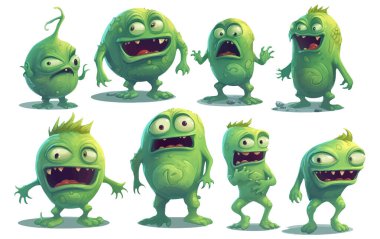 Evet, beyaz zemin üzerinde izole edilmiş yeşil uzaylı ya da bakterilerin vektör çizimi.