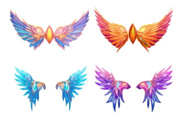 Beyaz arkaplanda izole edilmiş sihirli renkli kanatların vektör resimlemesini ayarla.