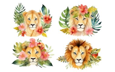 Beyaz arka planda izole edilmiş vahşi kedilerin suluboya çizimi.