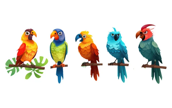 Set Ilustración Vectorial Aves Tropicales Con Plumas Color Brillante Aisladas — Vector de stock