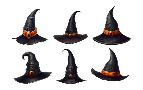 Set Vector Ilustración Halloween Tema Sombrero Bruja Negro Aislado Sobre — Vector de stock