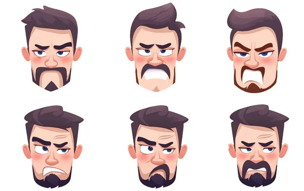 Set Vektor Illustration Uppsättning Manliga Ansiktsuttryck Olyckliga Känslor Isolerade Vit — Stock vektor