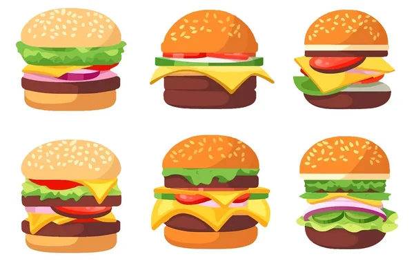 stock vector set vector illustration of homemade big juicy hamburger isolated on white background.