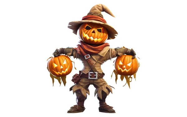 Halloween Pumpkin Scarecrow White Background Moon Scary Night — Stock Vector