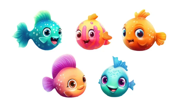 Set Vector Ilustración Peces Color Brillante Con Ojos Lindos Aislados — Vector de stock