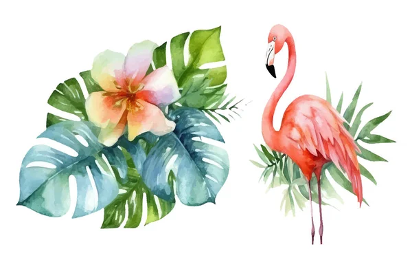 Akvarell Uppsättning Illustration Rosa Flamingo Bland Tropiska Blommor Isolerad Vit — Stock vektor