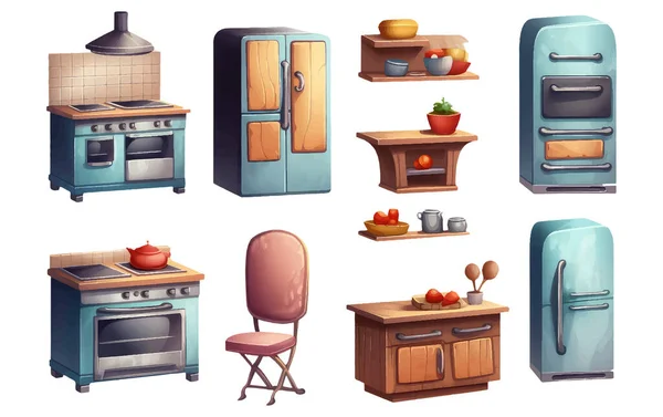 Conjunto Ilustração Casa Cozinha Mobiliário Interiores Eletrodomésticos Isolados Branco Baclground — Vetor de Stock