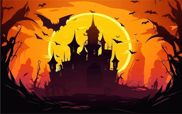 Calabazas Halloween Castillo Oscuro Fondo Luna — Vector de stock