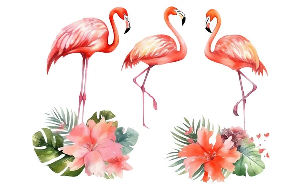 Aquarell Set Illustration Von Rosa Flamingo Unter Tropischen Blumen Isoliert — Stockvektor