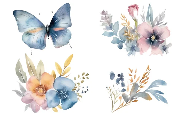 Aquarell Set Vektor Illustration Von Tropischen Schmetterling Isoliert Auf Weißem — Stockvektor