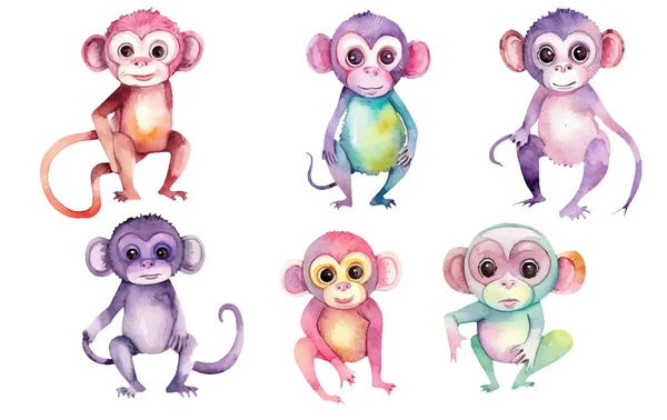 Akvarel Set Ilustrace Divoké Opice Džungli Izolované Bílém Pozadí — Stockový vektor