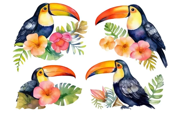 Akvarell Uppsättning Illustration Toucan Fågel Bland Tropiska Bladen Isolerade Vit — Stock vektor