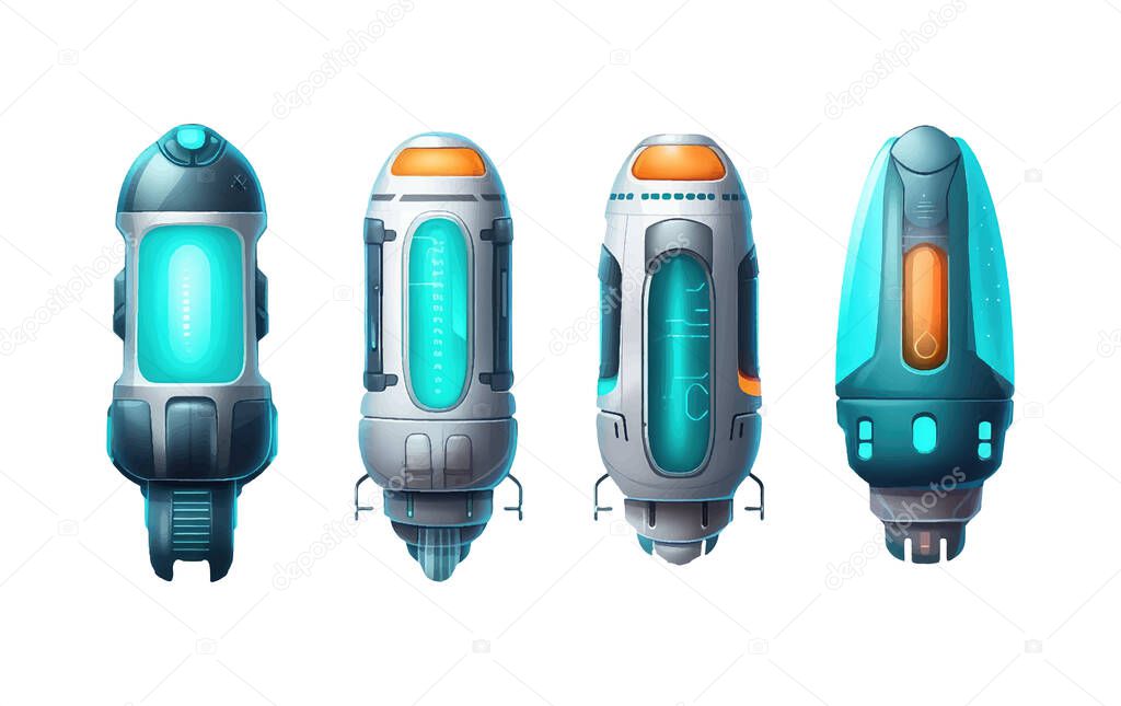 Ui set vector illustration of cryochamber capsule with anabiosis liquid isolate on white background.
