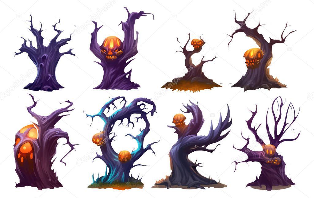 Set vector illustration of magic tree halloween concept isolated on white background.