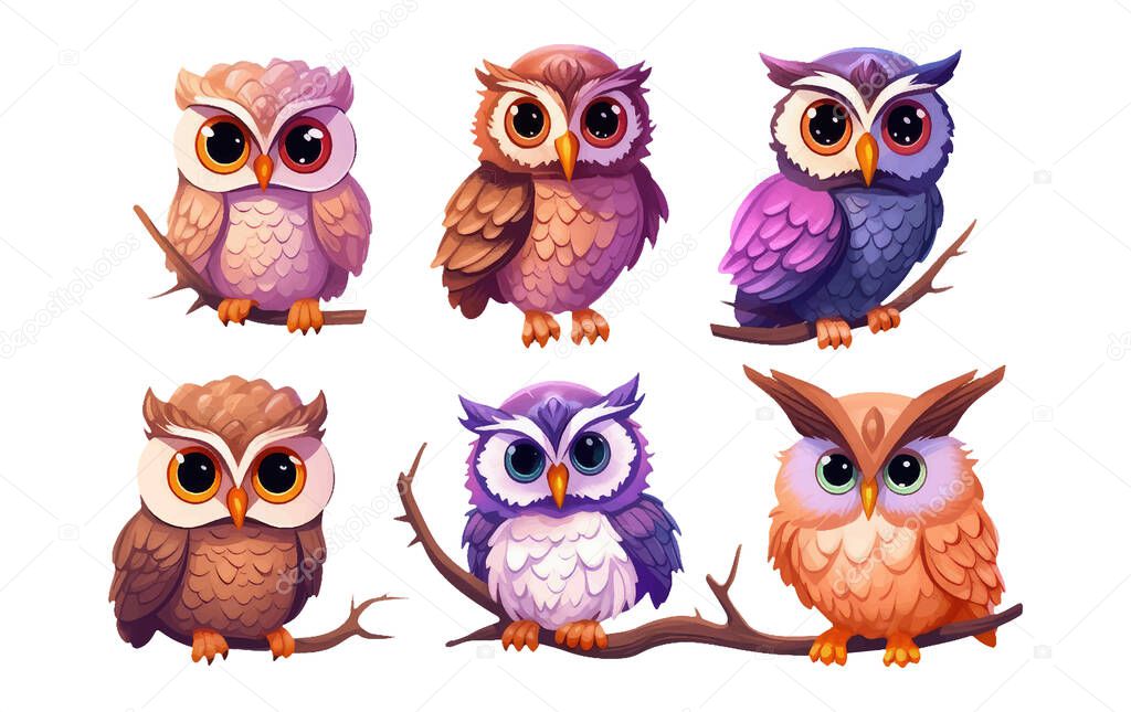 Set vector illustration of cute owl isolated on white background symbol of wisdom and intelligence.