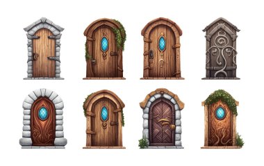 Evet, vektör illüstrasyon ahşap kapılı, küçük yuvarlak pencereli beyaz arka planda izole edilmiş..