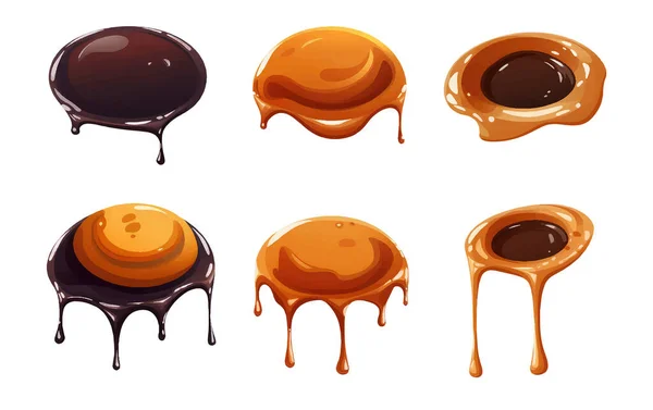 Set Vettoriale Illustrazione Caramello Liquido Goccia Macchia Spruzzi Isolare Sfondo — Vettoriale Stock