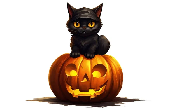 Gato Preto Bonito Chapéu Bruxa Sentado Uma Abóbora Halloween — Vetor de Stock