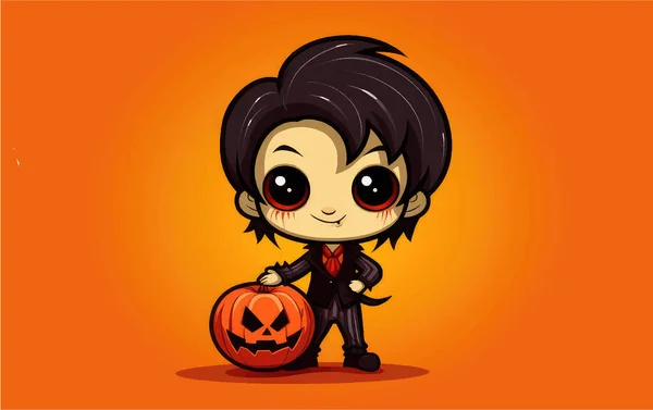 Feliz Halloween Vector Linda Ilustración Vampiro Con Calabaza Sobre Fondo — Archivo Imágenes Vectoriales