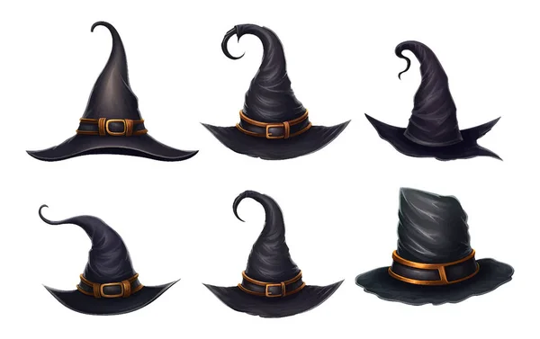 Set Vector Ilustración Halloween Tema Sombrero Bruja Negro Aislado Sobre — Vector de stock