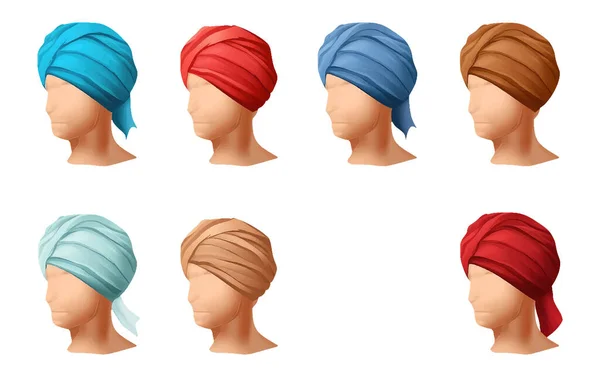 Set Vector Illustration Head Scarf Turban Isolated White Background — Stock Vector