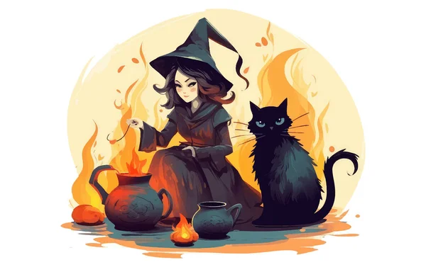 Bruja Con Gato Preparar Una Poción Mágica Para Halloween — Vector de stock