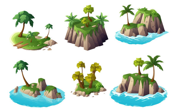 ui set vector illustration of island with palm trees and sea around isolated on white background.